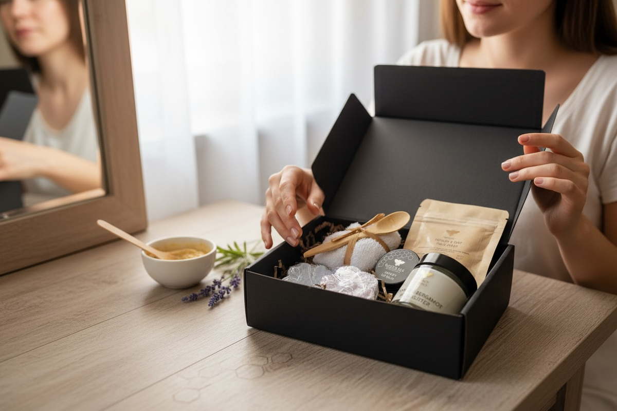 Woman opening the Honey Spa Gift Box at a table