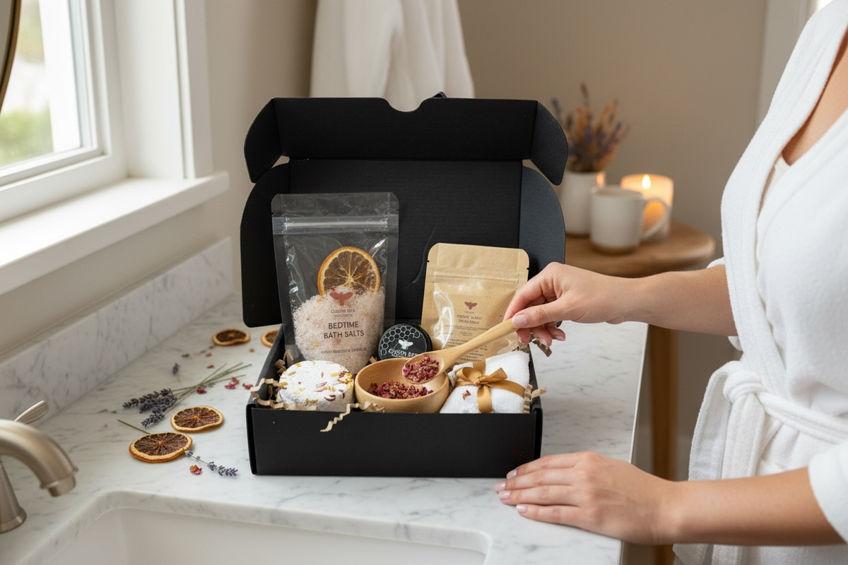 Honey Spa Gift Box being unpacked, showing the handmade honey skincare inside