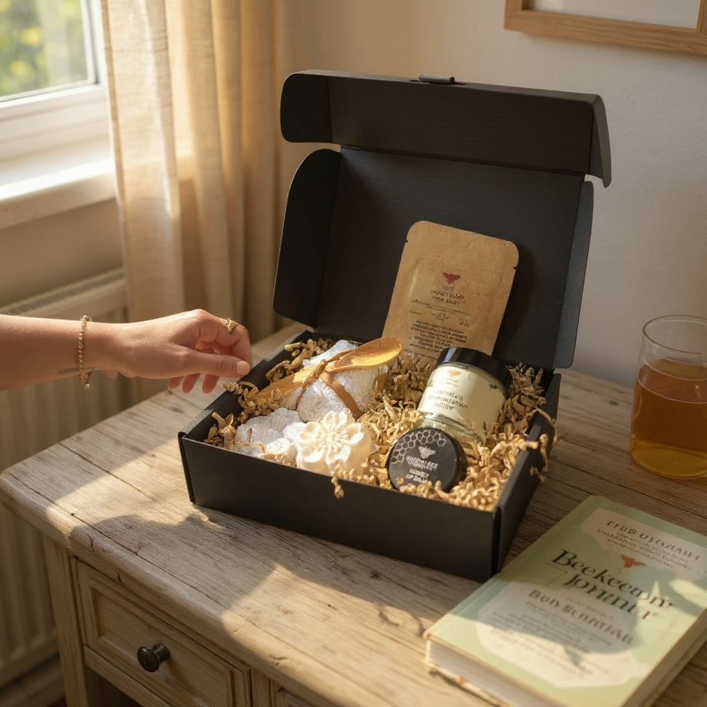 Open black Honey Spa Gift Box with honey face mask, lip balm and bath treats nestled in golden shred
