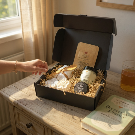 Open black Honey Spa Gift Box with honey face mask, lip balm and bath treats nestled in golden shred